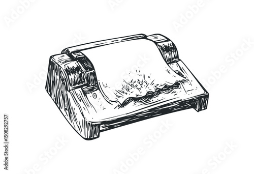 Vintage fax machine illustration with paper roll in retro style. Vector retro hand drawn illustration