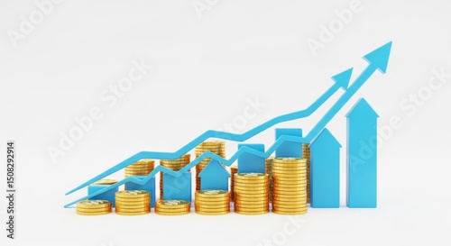 3D illustration of digital financial growth chart with arrows and coin stacks