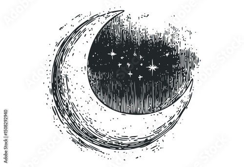 Hand-drawn crescent moon with stars and night sky. Vector retro hand drawn illustration