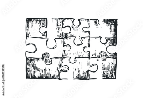 Grunge-style sketched jigsaw puzzle pieces. Vector retro hand drawn illustration