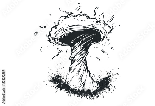 Explosive mushroom cloud sketch with dynamic energy burst. Vector retro hand drawn illustration