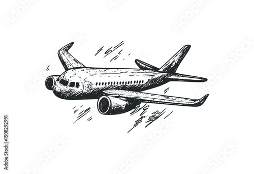 Hand-drawn sketch of a passenger airplane in flight. Vector retro hand drawn illustration