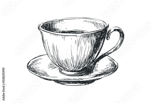Sketch of a classic teacup and saucer with intricate details. Vector retro hand drawn illustration