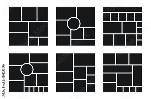Moodboard grid. Collage layout. Mood board background. Set square mockups. Photomontage pictures template. Mosaic frames. Collection album scrapbook cards. Social media layout. Vector illustration