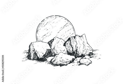 Hand-drawn sketch of rocky landscape with large sun in background. Vector retro hand drawn illustration