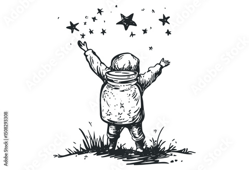 Child astronaut reaching for stars in space suit illustration. Vector retro hand drawn illustration