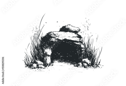 Hand-drawn stone cave entrance with natural rock and grass details. Vector retro hand drawn illustration