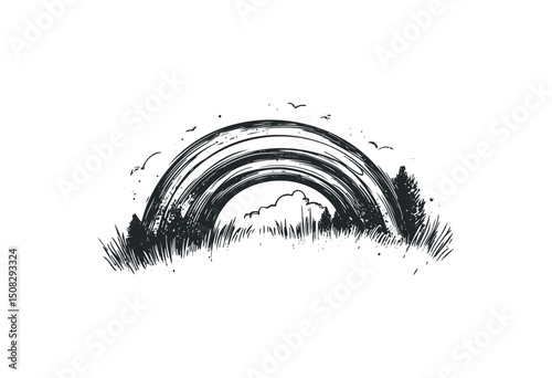 Monochrome rainbow and nature scene with clouds and trees. Vector retro hand drawn illustration