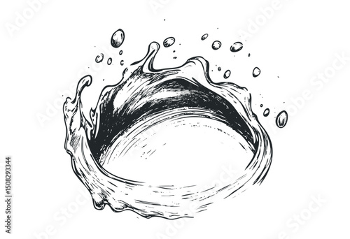 Dynamic splash of water in artistic black and white illustration. Vector retro hand drawn illustration