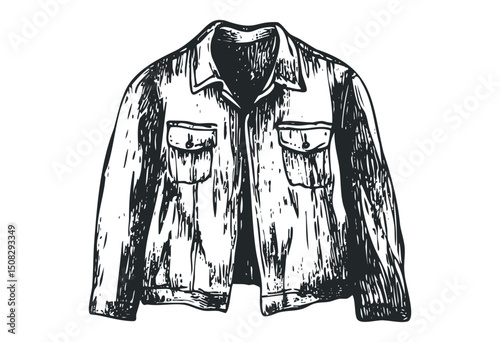 Detailed sketch of a classic denim jacket with front pockets. Vector retro hand drawn illustration