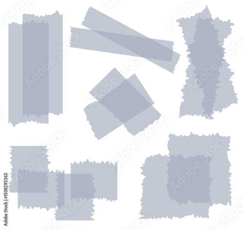Set of grey semi-transparent washi tapes isolated on white. Tapes collection in vector. Pieces of decorative tape for scrapbooks. Torn paper. Gray, blue