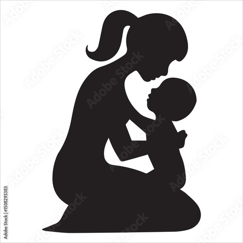 Mom and child black silhouette,Silhouette of a woman with her child vector silhouette