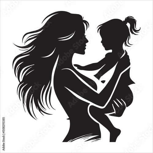 Mom and child black silhouette,Silhouette of a woman with her child vector silhouette