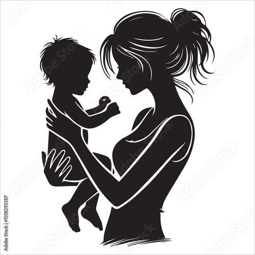 Mom and child black silhouette,Silhouette of a woman with her child vector silhouette
