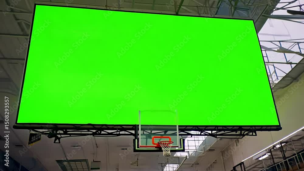 Green screen suspended in professional basketball arena, showcasing large display for advertising with modern technology background