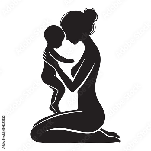 Mom and child black silhouette,Silhouette of a woman with her child vector silhouette