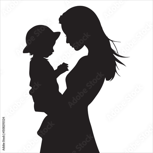 Mom and child black silhouette,Silhouette of a woman with her child vector silhouette