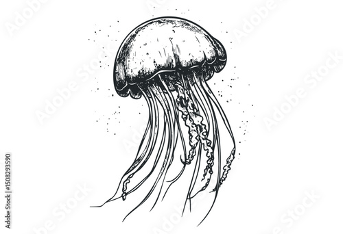 Elegant jellyfish illustration with long tentacles in ink style. Vector retro hand drawn illustration