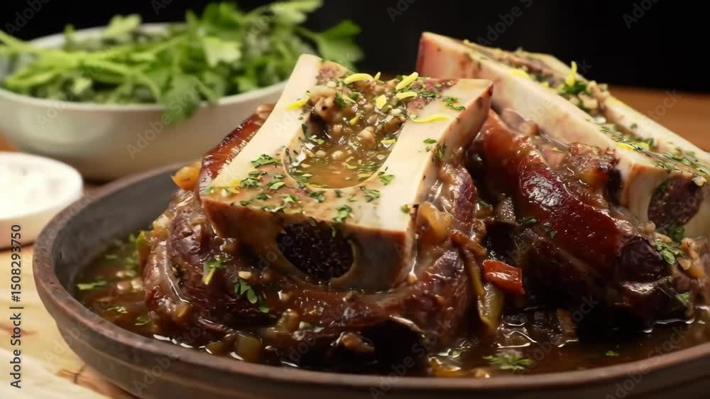 Cinematic close-up of osso buco with marrow and gremolata in rustic ceramic dish
