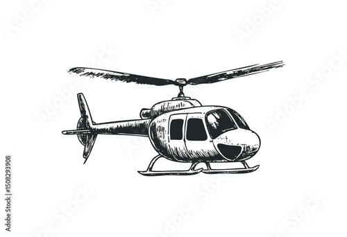 Detailed sketch of helicopter with rotating blades in flight. Vector retro hand drawn illustration