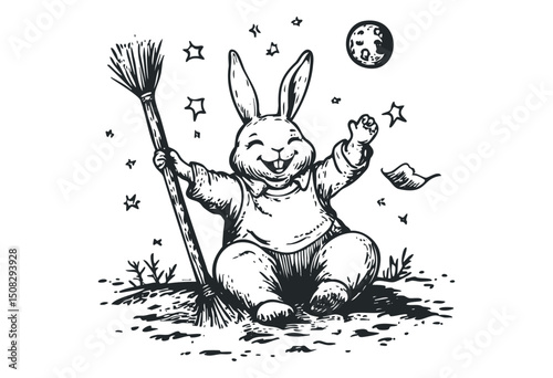 Joyful rabbit sweeping under moonlit sky with stars. Vector retro hand drawn illustration