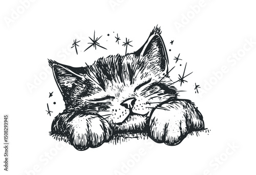 Illustrated cat with closed eyes and shooting stars around. Vector retro hand drawn illustration