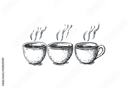 Vintage sketch of three steaming coffee cups side by side. Vector retro hand drawn illustration