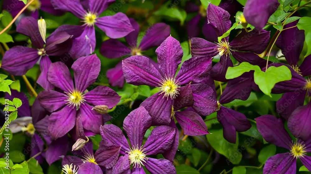 Clematis viticella Etoile violette purple flowers in summer garden closeup