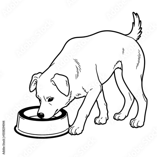 Dog enjoying food from pet feeder, line art design