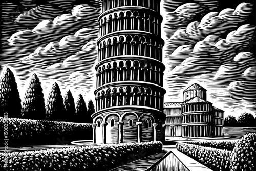 Leaning Tower of Pisa illustration black and white isolated hand drawn sketch