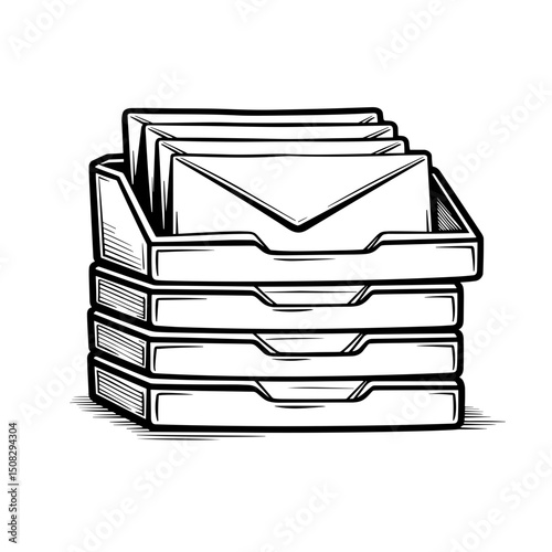 Minimal line art of stacked mail trays on white background, organization