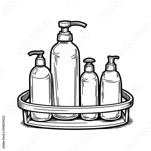 Organized toiletries in bathroom caddy, minimalist line art