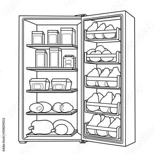 Detailed line art of organized fridge shelves with food, minimalism