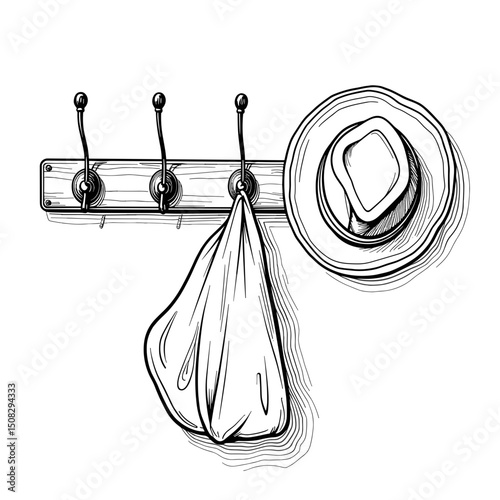 Organized wall hooks with bags and hats on white background, minimalism