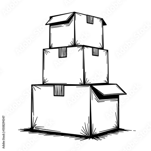 Stacked moving boxes in line art style, organization concept