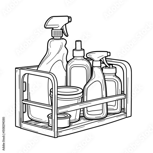 Organized cleaning supplies in pull-out cabinet, efficiency concept