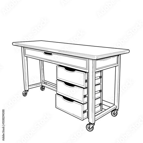 Minimalist rolling drawer unit beside craft table, clean design