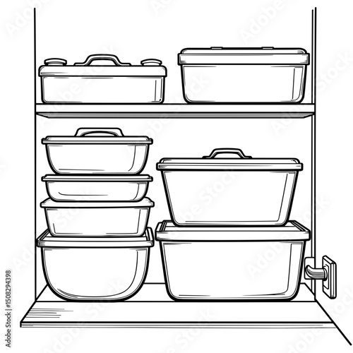 Elegant line art of stacked lunchboxes in kitchen cupboard, simplicity