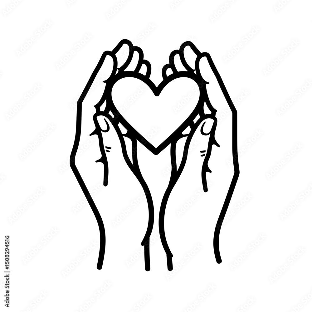 Hands holding heart symbol in minimal line art style, love concept Hands holding heart symbol in minimal line art style, love concept