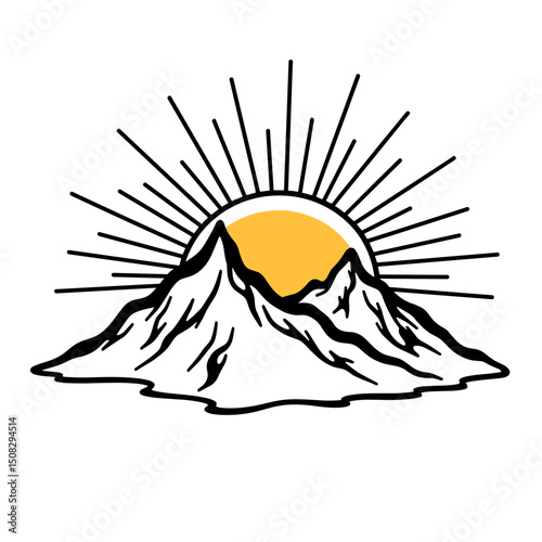 Bright sun rising behind mountains in line art style, new beginnings