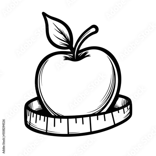 Apple and measuring tape in line art style, clarity and precision