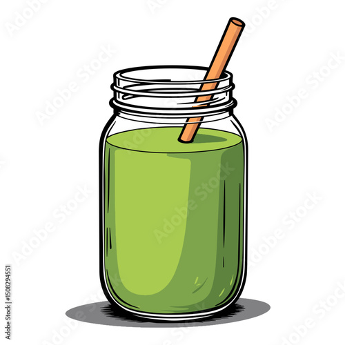 Green smoothie in mason jar with straw on white background, healthy living
