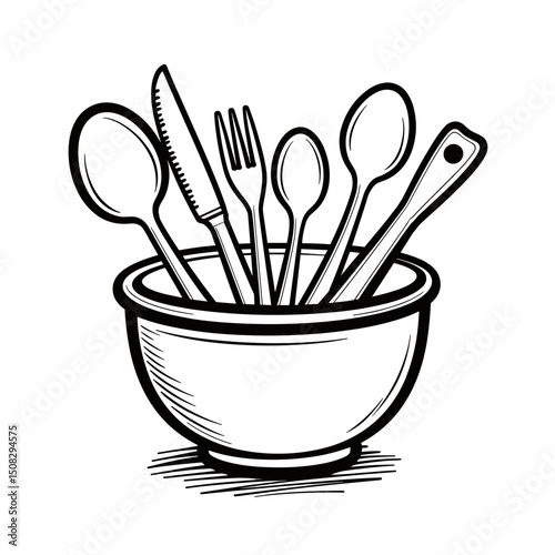 Healthy cooking utensils in bowl, minimalist line art