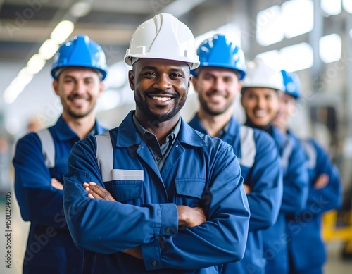 Smiling industrial workers in uniform pose for a photo