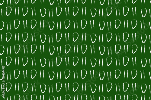 Creative seamless pattern of white contour circles and lines on  dark green background. Abstract spots made with  brush. For backgrounds, wallpapers, textiles, packaging, and website.
