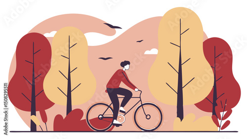 Jesienna przejażdżka rowerowa wśród kolorowych drzew – ilustracja aktywności na świeżym powietrzu w przyjaznej, płaskiej stylistyce