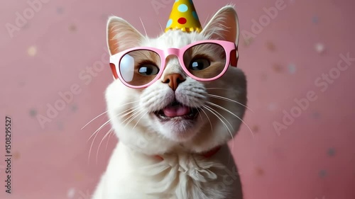 Funny white cat celebrating with happy birthday sunglasses on a pink background