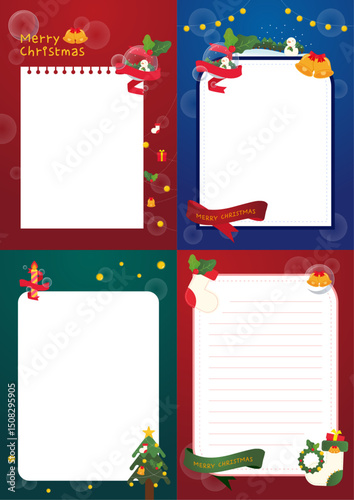 Set of printable Christmas letter papers with snowman, tree, bell, and holiday decorations. Vector illustration.