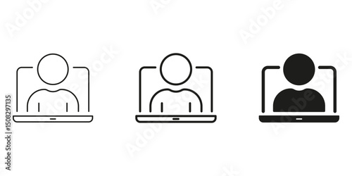 Person On Laptop Screen Line And Solid Icon Set. Virtual Meeting, Online Communication, And Remote Work Silhouette Symbol Collection. Digital Interaction. Isolated Vector Illustration