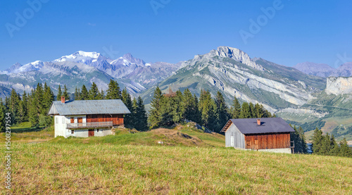 Fototapeta Naklejka Na Ścianę i Meble -  Savoyard chalet in meadow and mountain massif in the background with view of Mont Blanc